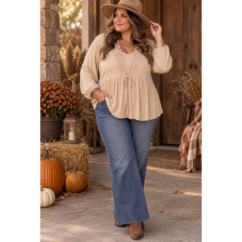 Torrid Size 3 Super Soft Beige Rib Knit Lace Trim Tie Front Peplum Cardigan TT17